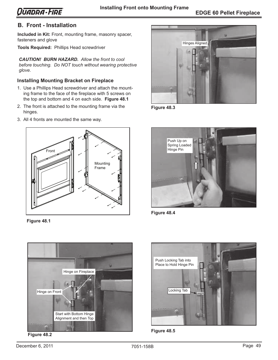 B. front - installation, Edge 60 pellet fireplace | Quadra-Fire EDGE 60 ZERO CLEARANCE PELLET FIREPLACE 7051-158B User Manual | Page 49 / 58