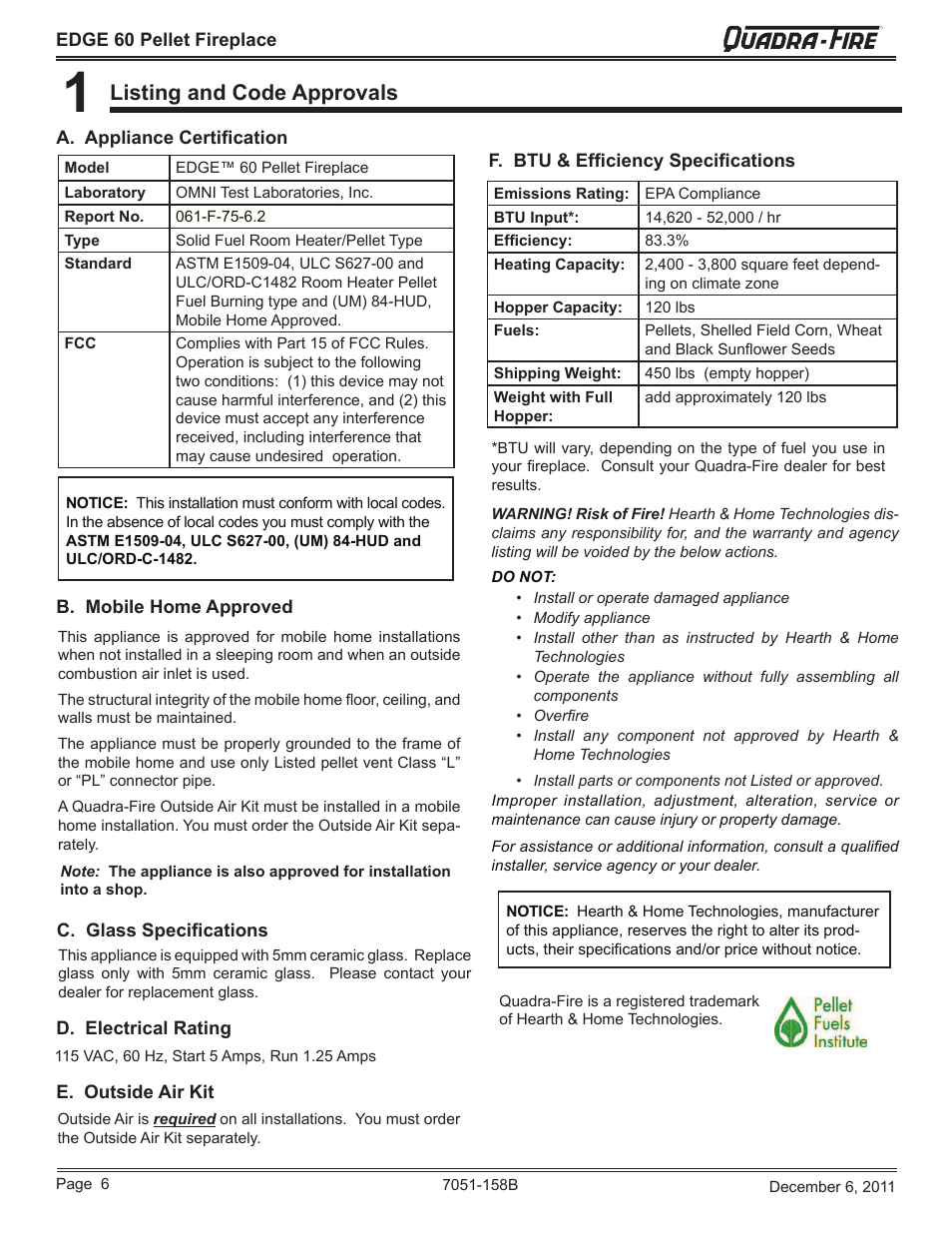 Listing and code approvals | Quadra-Fire EDGE 60 ZERO CLEARANCE PELLET FIREPLACE 7051-158B User Manual | Page 6 / 58