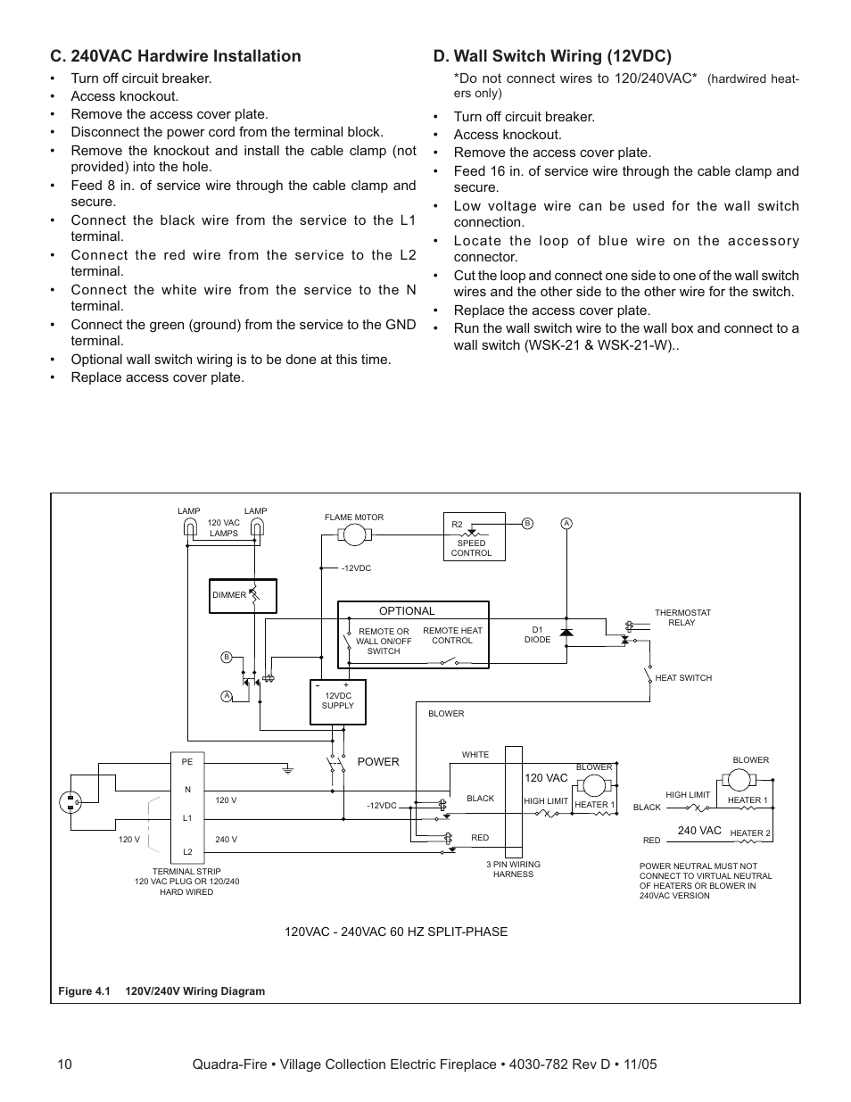 C. 240vac hardwire installation, D. wall switch wiring (12vdc) | Quadra-Fire QV32EV-B User Manual | Page 10 / 28