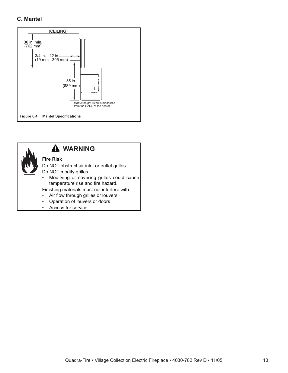 Warning, C. mantel | Quadra-Fire QV32EV-B User Manual | Page 13 / 28