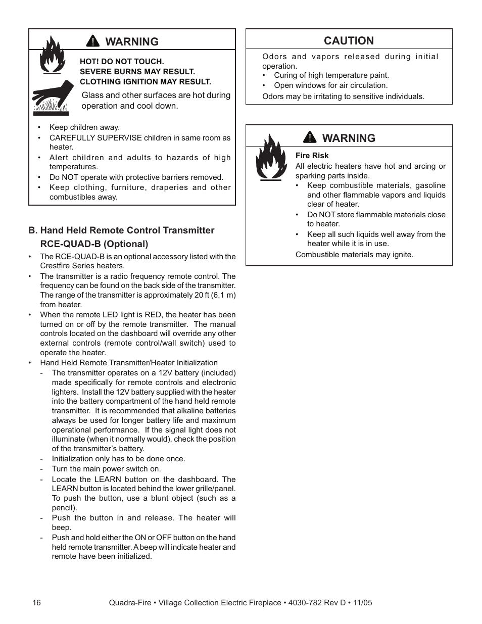 Warning, Caution | Quadra-Fire QV32EV-B User Manual | Page 16 / 28