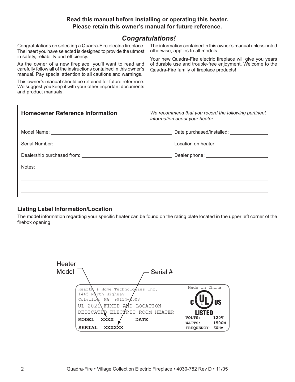 Heater model serial | Quadra-Fire QV32EV-B User Manual | Page 2 / 28