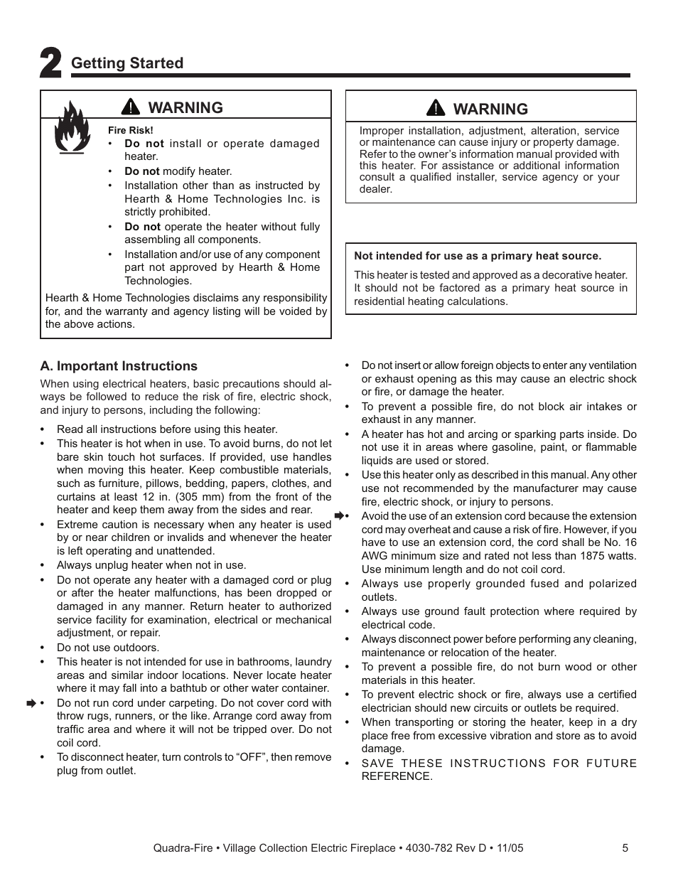 Warning, Getting started | Quadra-Fire QV32EV-B User Manual | Page 5 / 28
