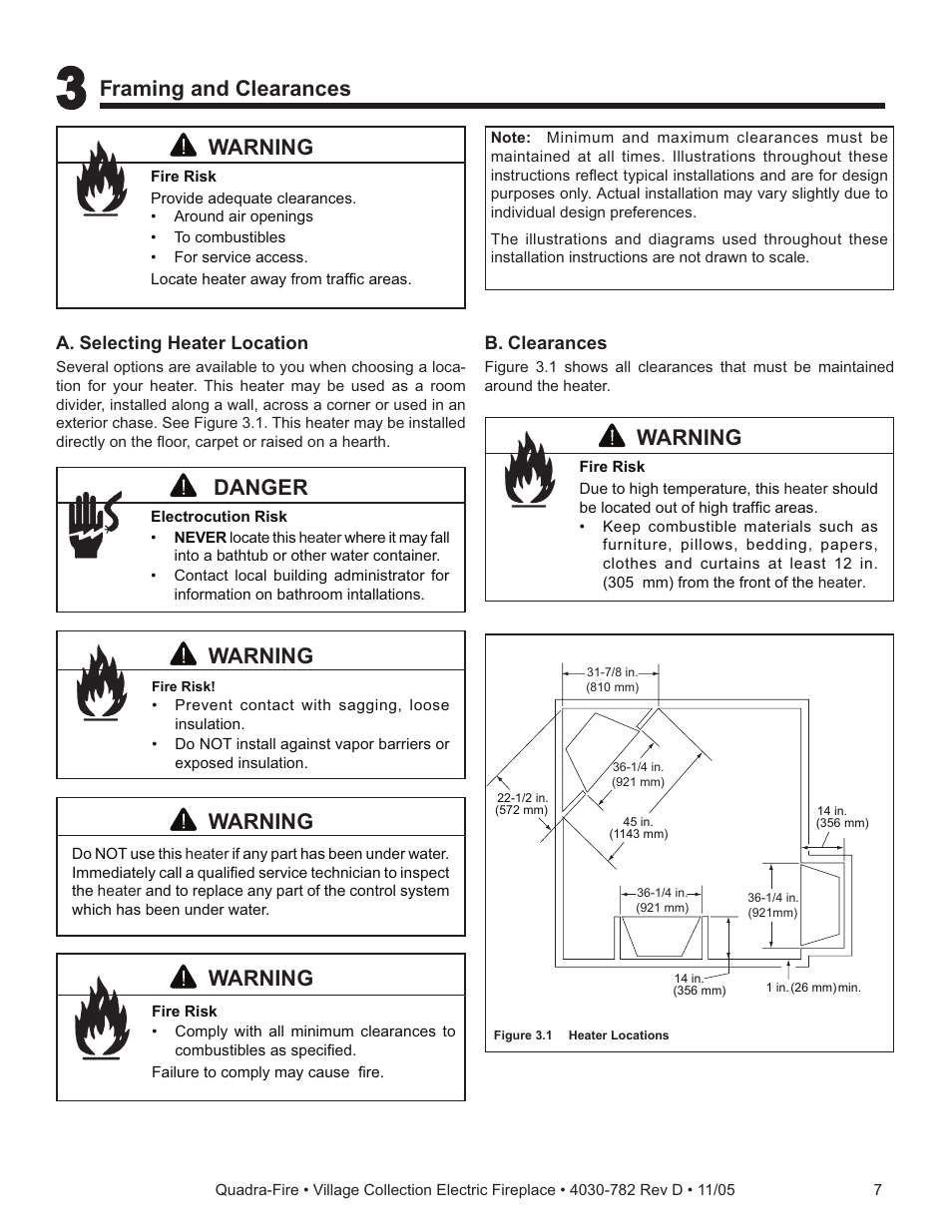 Framing and clearances, Warning, Danger | Quadra-Fire QV32EV-B User Manual | Page 7 / 28