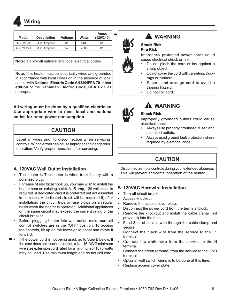 Warning, Caution, Wiring | Quadra-Fire QV32EV-B User Manual | Page 9 / 28