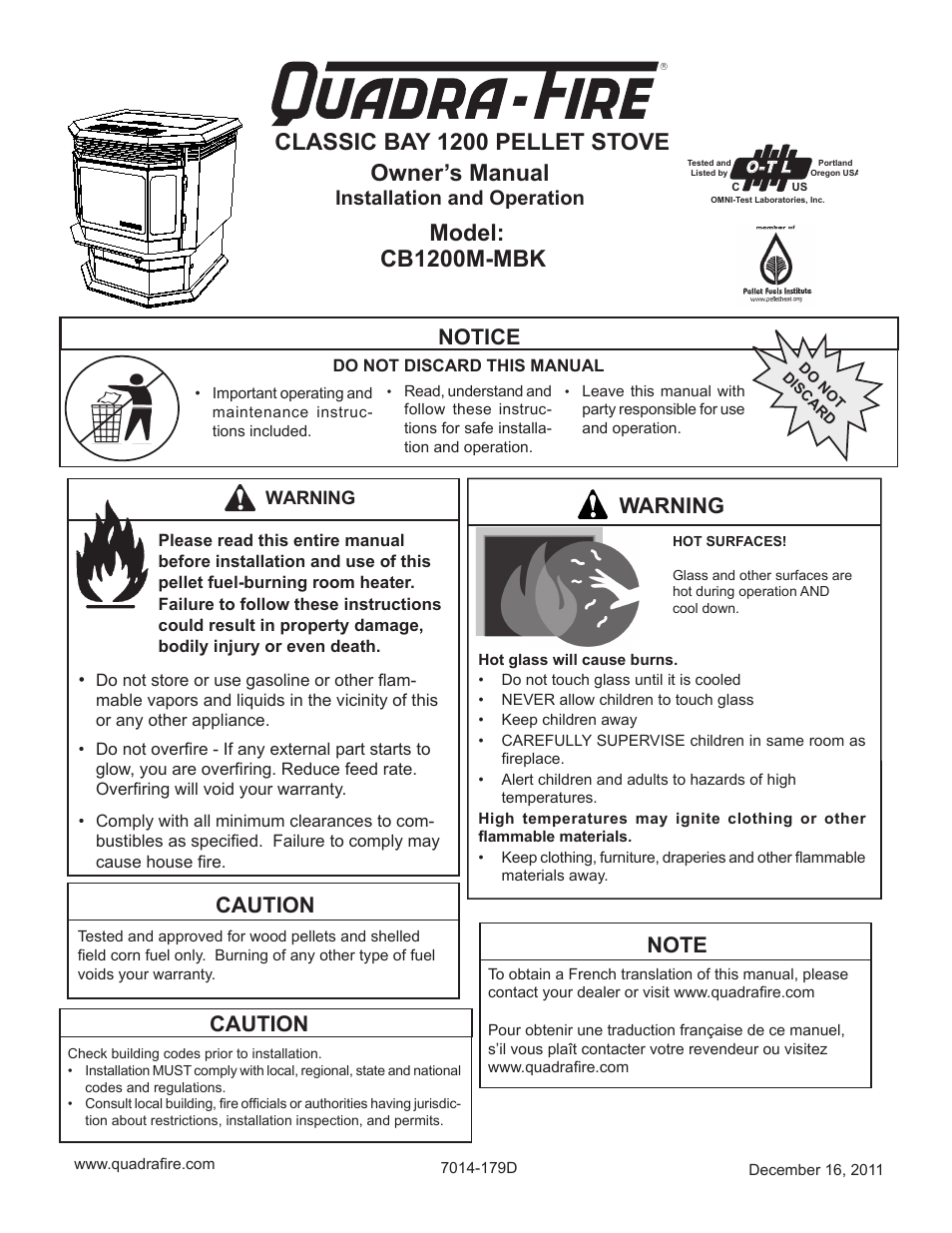 Quadra-Fire CB1200M-MBK User Manual | 48 pages