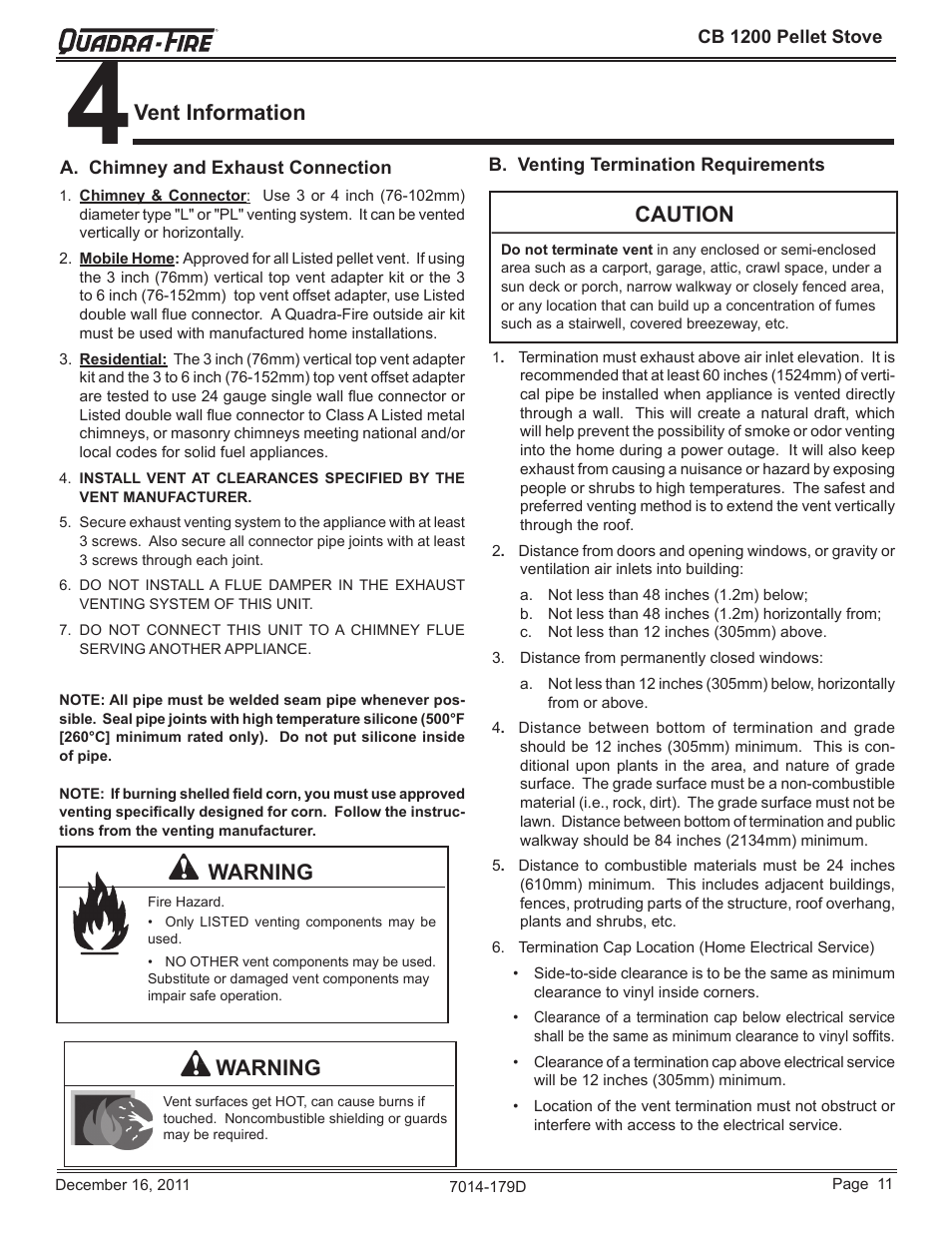 Caution, Warning, Vent information | Quadra-Fire CB1200M-MBK User Manual | Page 11 / 48