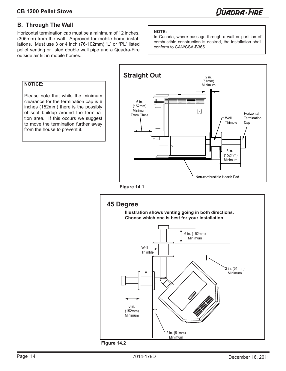 Straight out, 45 degree, Cb 1200 pellet stove | B. through the wall | Quadra-Fire CB1200M-MBK User Manual | Page 14 / 48