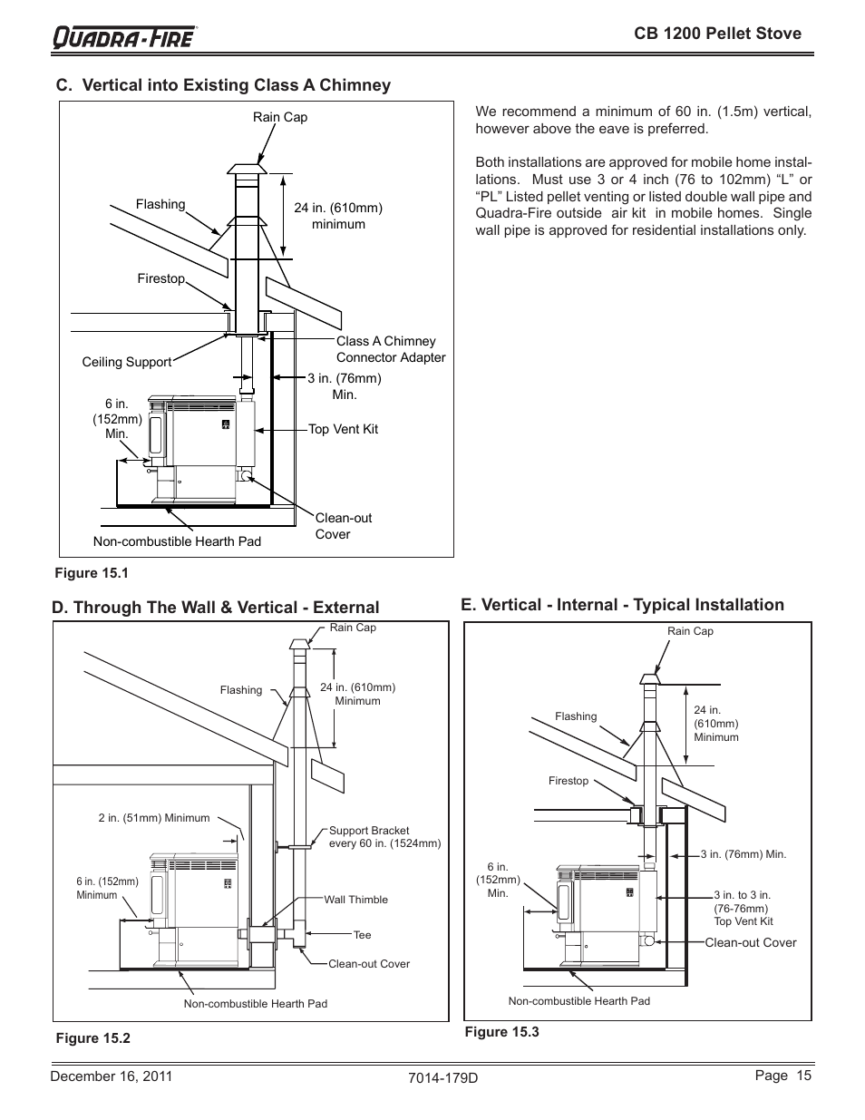 Cb 1200 pellet stove, E. vertical - internal - typical installation | Quadra-Fire CB1200M-MBK User Manual | Page 15 / 48