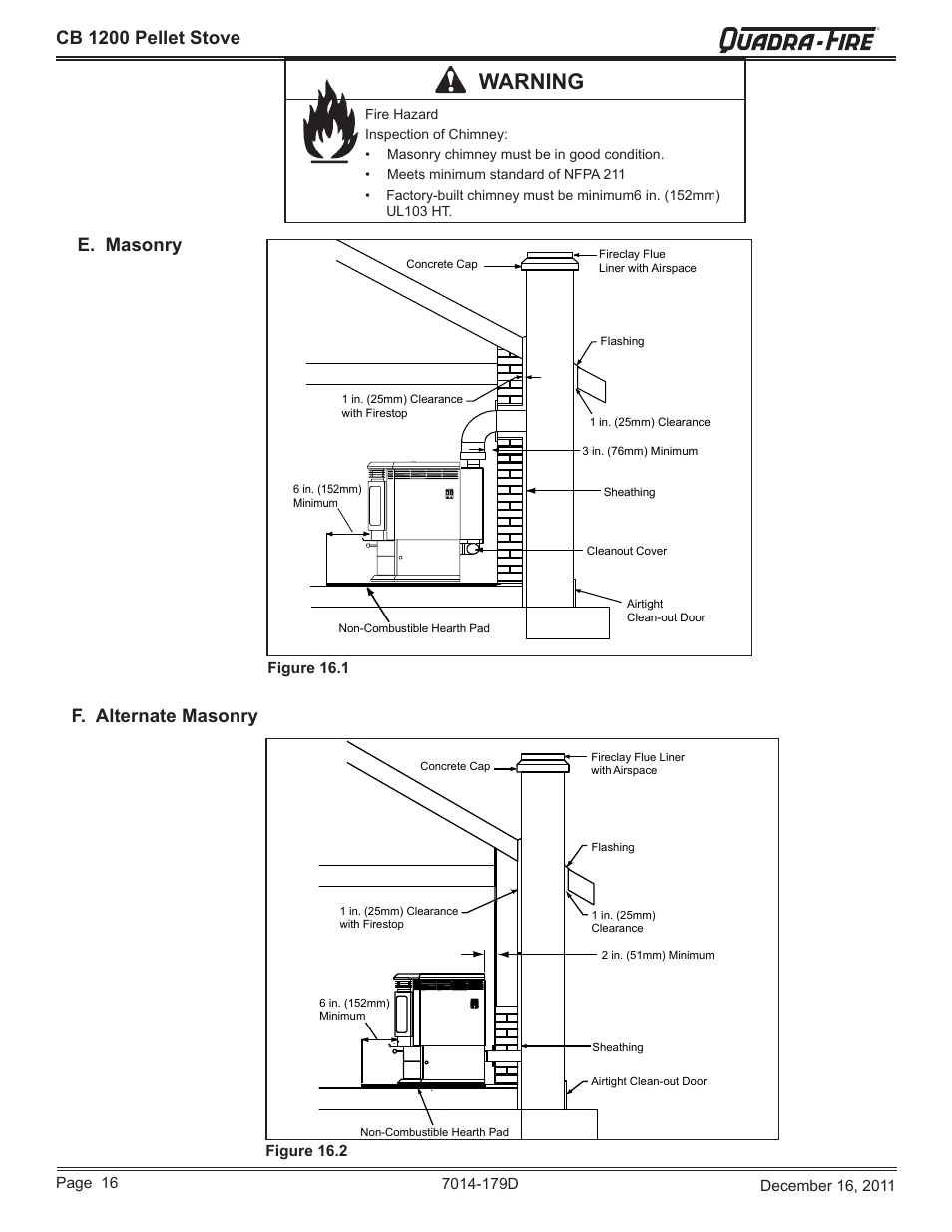 Warning, Cb 1200 pellet stove, E. masonry f. alternate masonry | Quadra-Fire CB1200M-MBK User Manual | Page 16 / 48