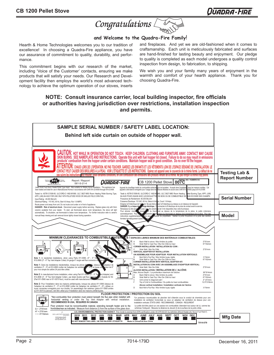 Sa mp le, Caution, Attention | Cb 1200 pellet stove, And welcome to the quadra-fire family | Quadra-Fire CB1200M-MBK User Manual | Page 2 / 48