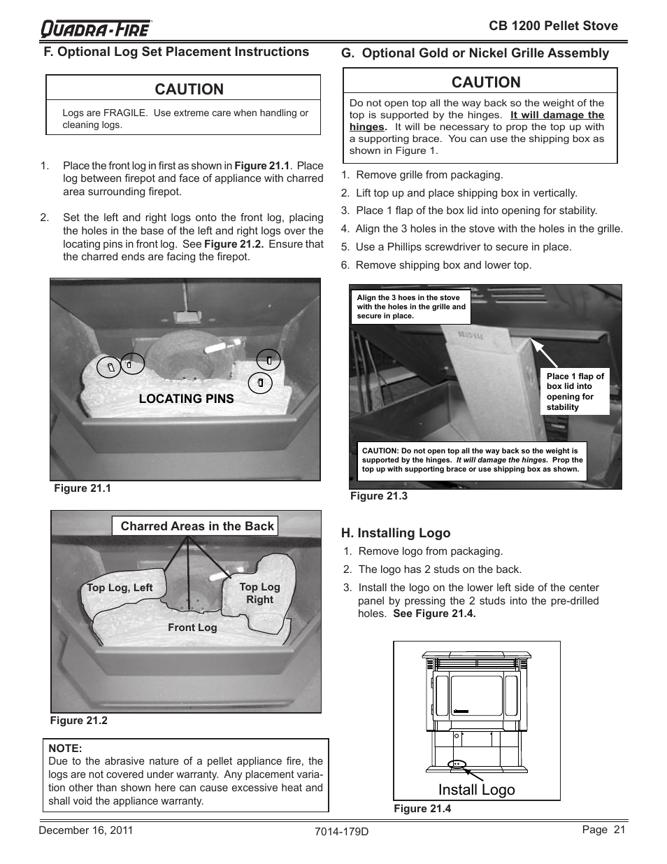 Caution, Install logo, F. optional log set placement instructions | H. installing logo | Quadra-Fire CB1200M-MBK User Manual | Page 21 / 48