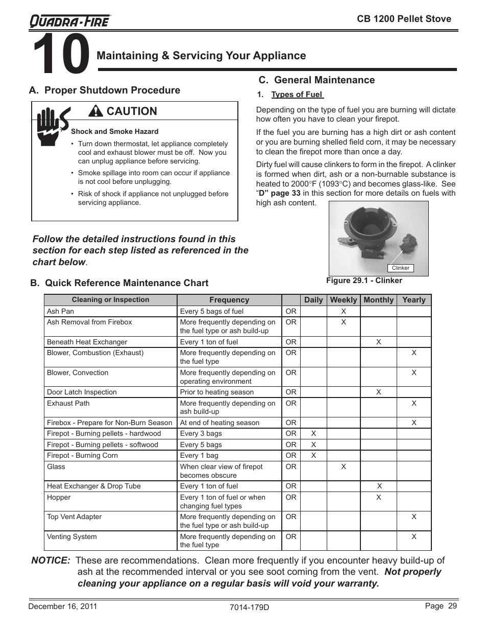 Maintaining & servicing your appliance, Caution, C. general maintenance | A. proper shutdown procedure | Quadra-Fire CB1200M-MBK User Manual | Page 29 / 48