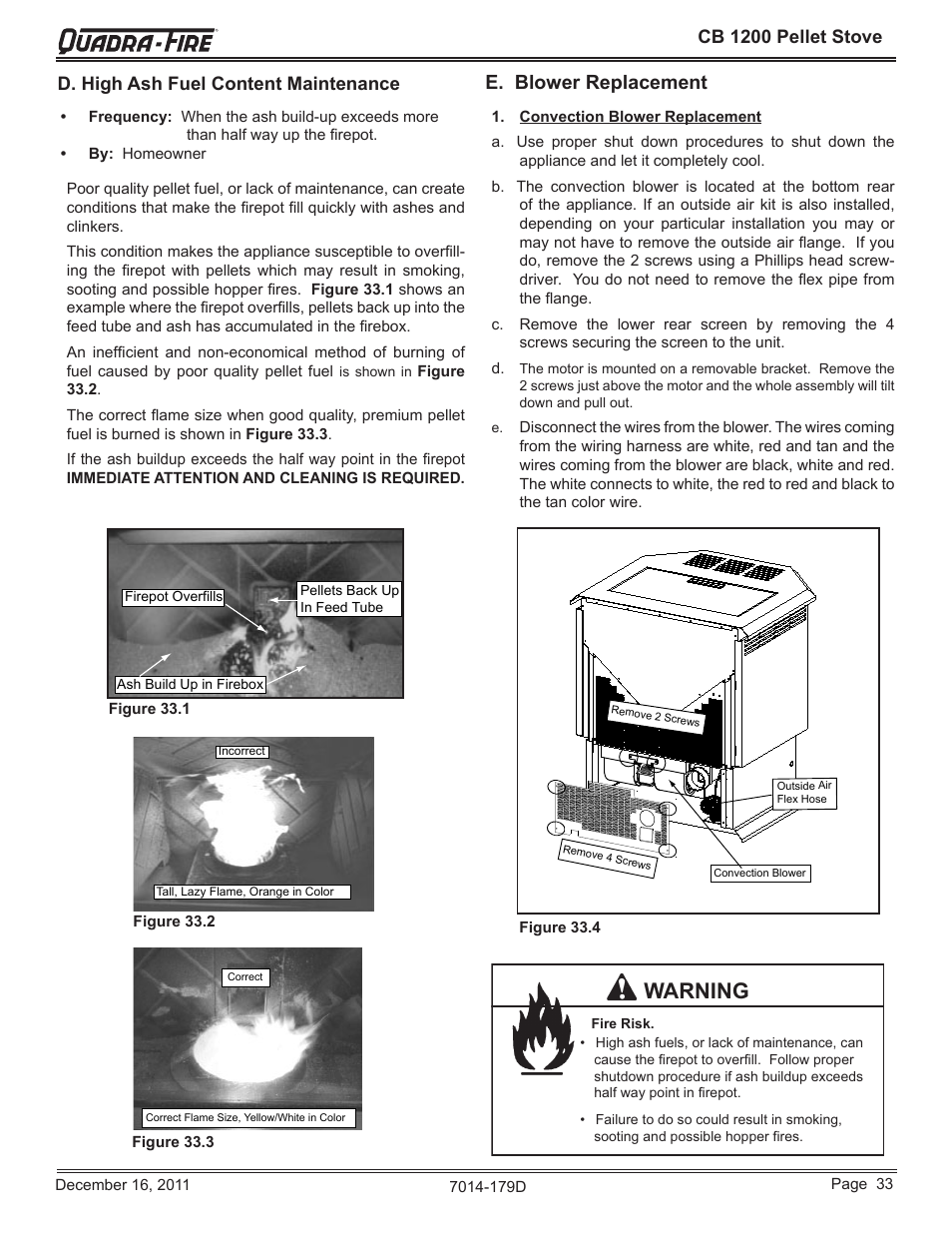 Warning, E. blower replacement, Cb 1200 pellet stove | D. high ash fuel content maintenance | Quadra-Fire CB1200M-MBK User Manual | Page 33 / 48