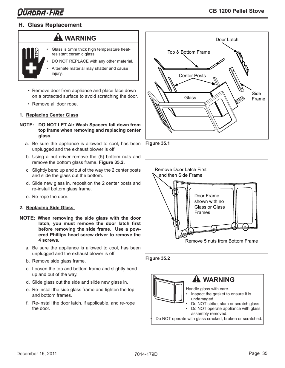 Warning, H. glass replacement | Quadra-Fire CB1200M-MBK User Manual | Page 35 / 48