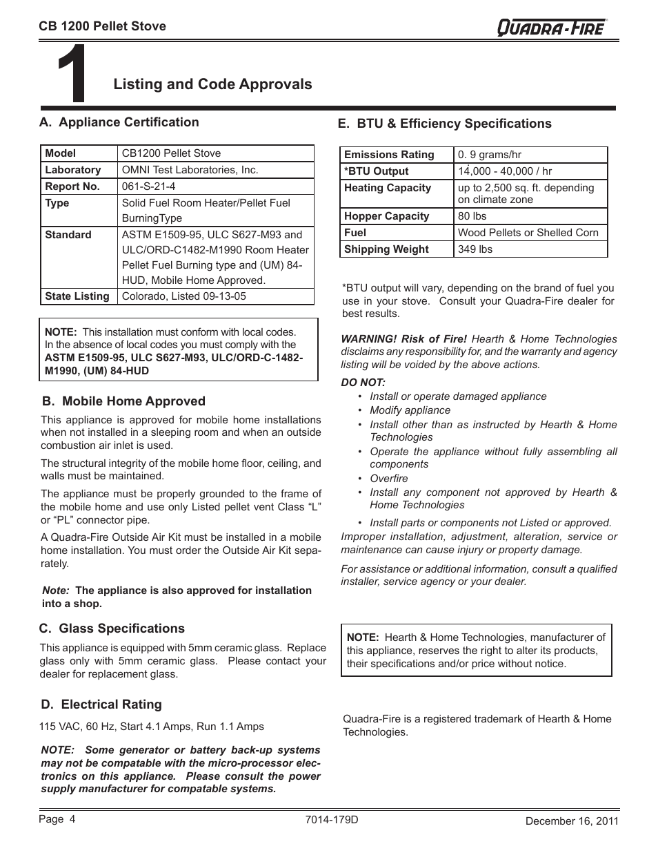 Listing and code approvals | Quadra-Fire CB1200M-MBK User Manual | Page 4 / 48