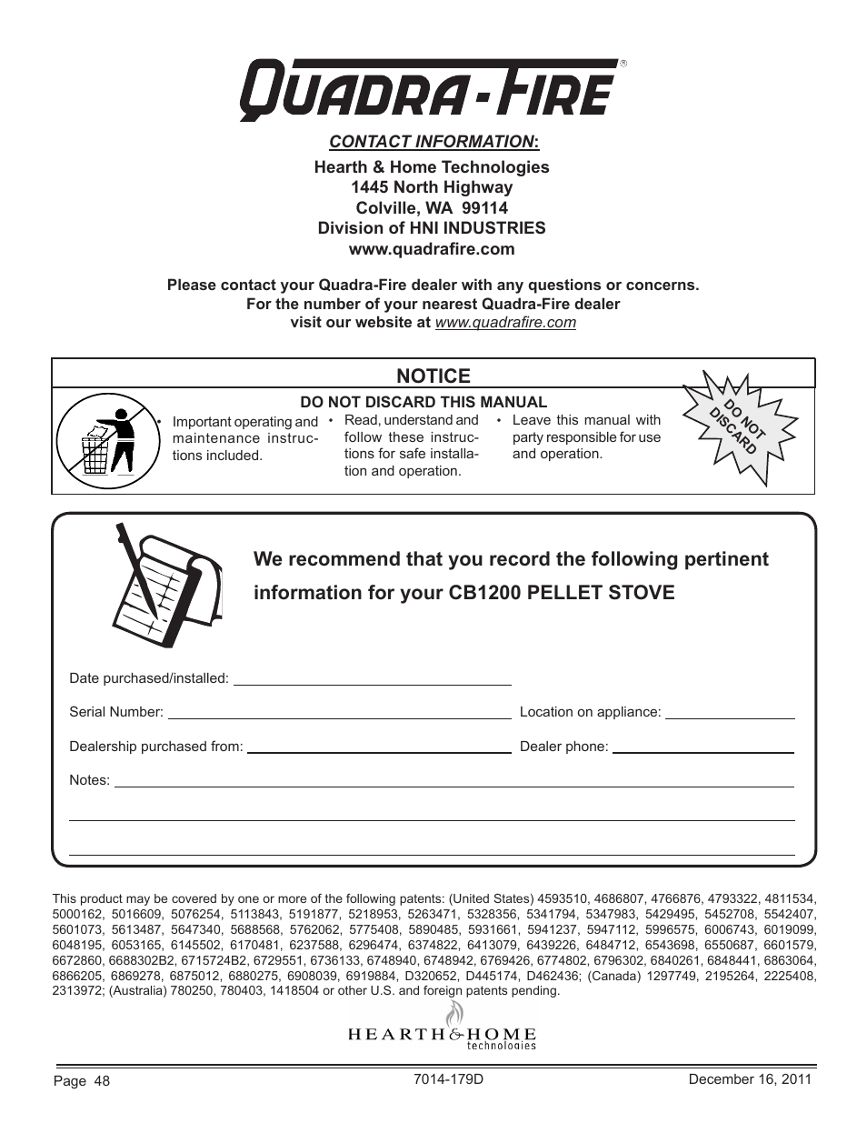 Quadra-Fire CB1200M-MBK User Manual | Page 48 / 48