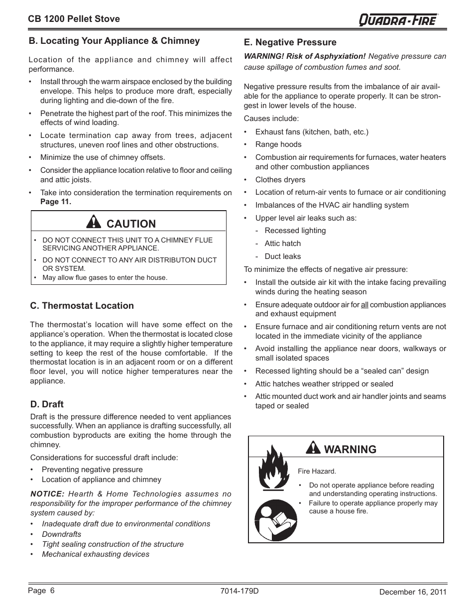 Warning, Caution | Quadra-Fire CB1200M-MBK User Manual | Page 6 / 48