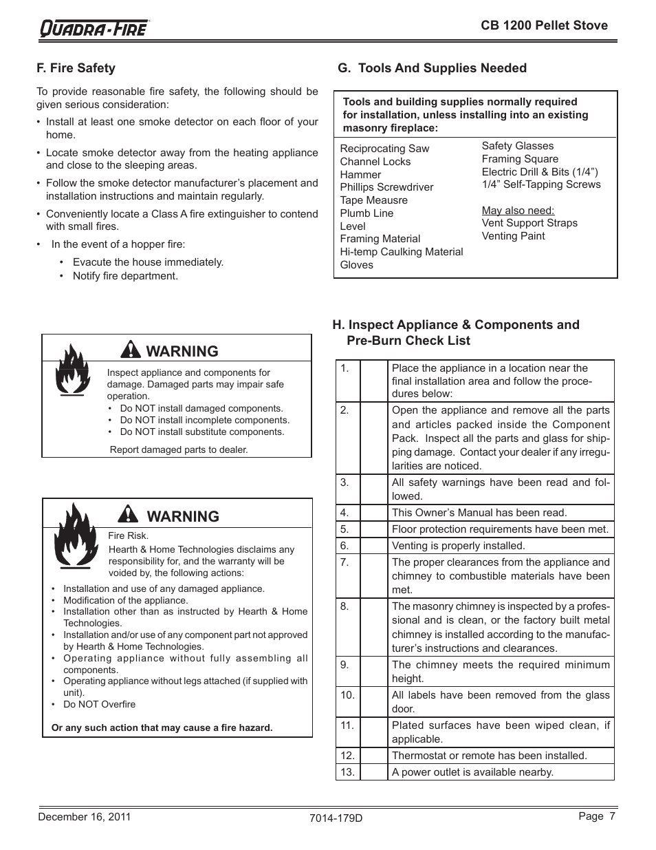 Warning | Quadra-Fire CB1200M-MBK User Manual | Page 7 / 48