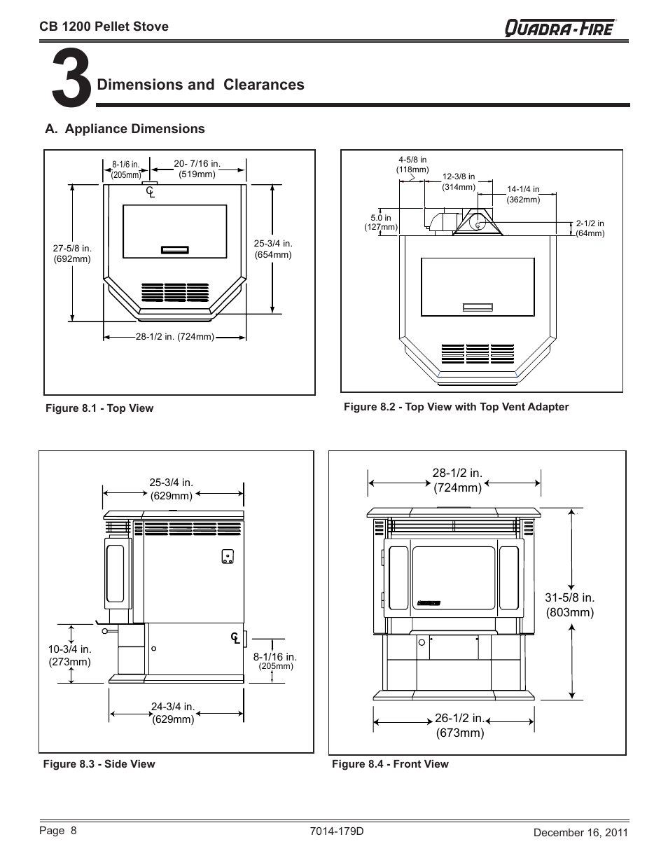 Dimensions and clearances | Quadra-Fire CB1200M-MBK User Manual | Page 8 / 48