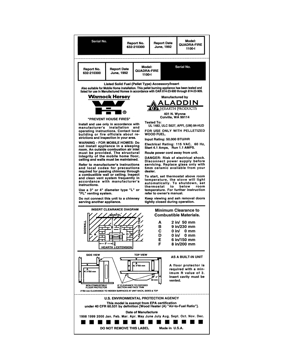 Safety label | Quadra-Fire 1100-I User Manual | Page 4 / 20