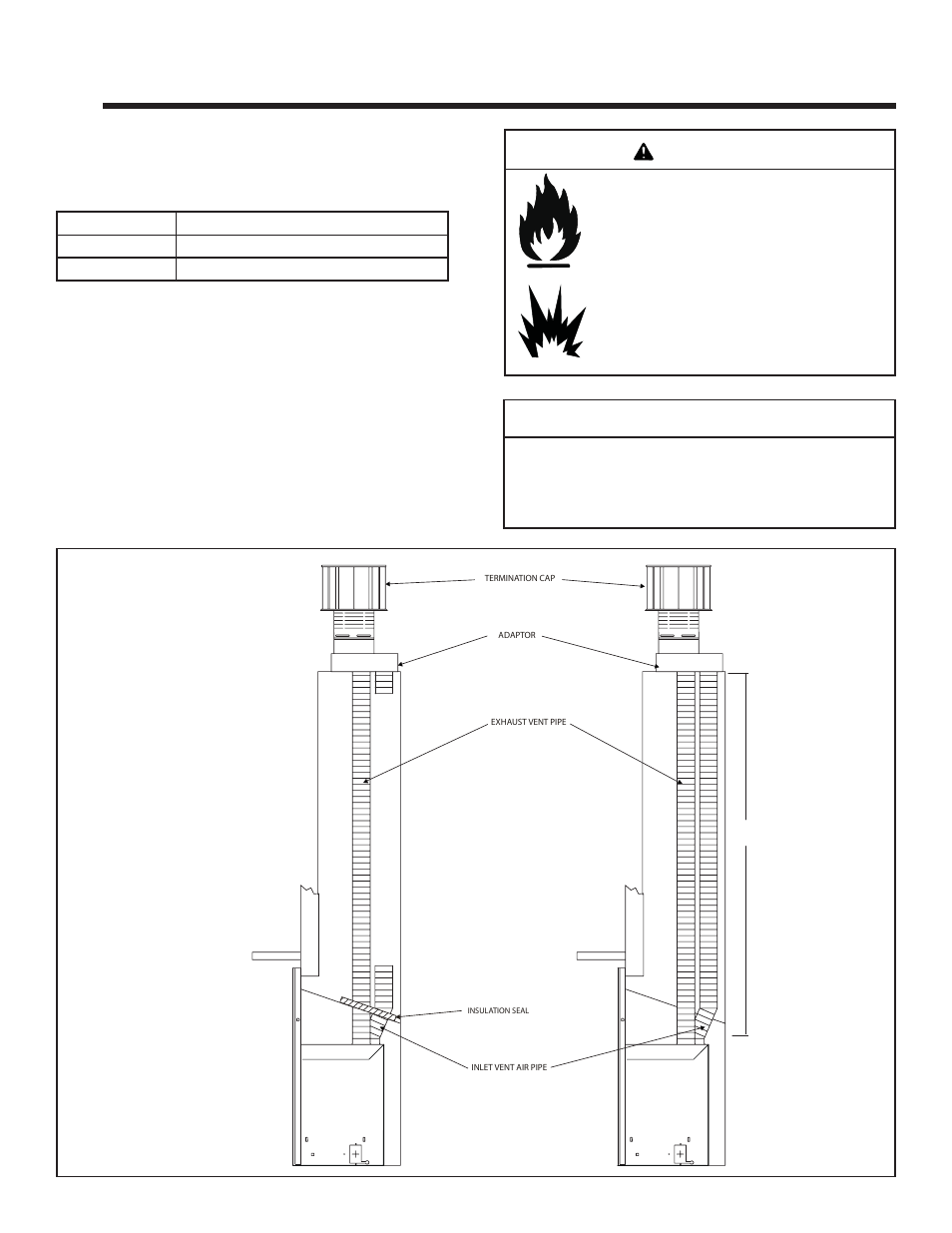 Caution, Vent information and diagrams, Warning | Quadra-Fire QVI30S User Manual | Page 9 / 45
