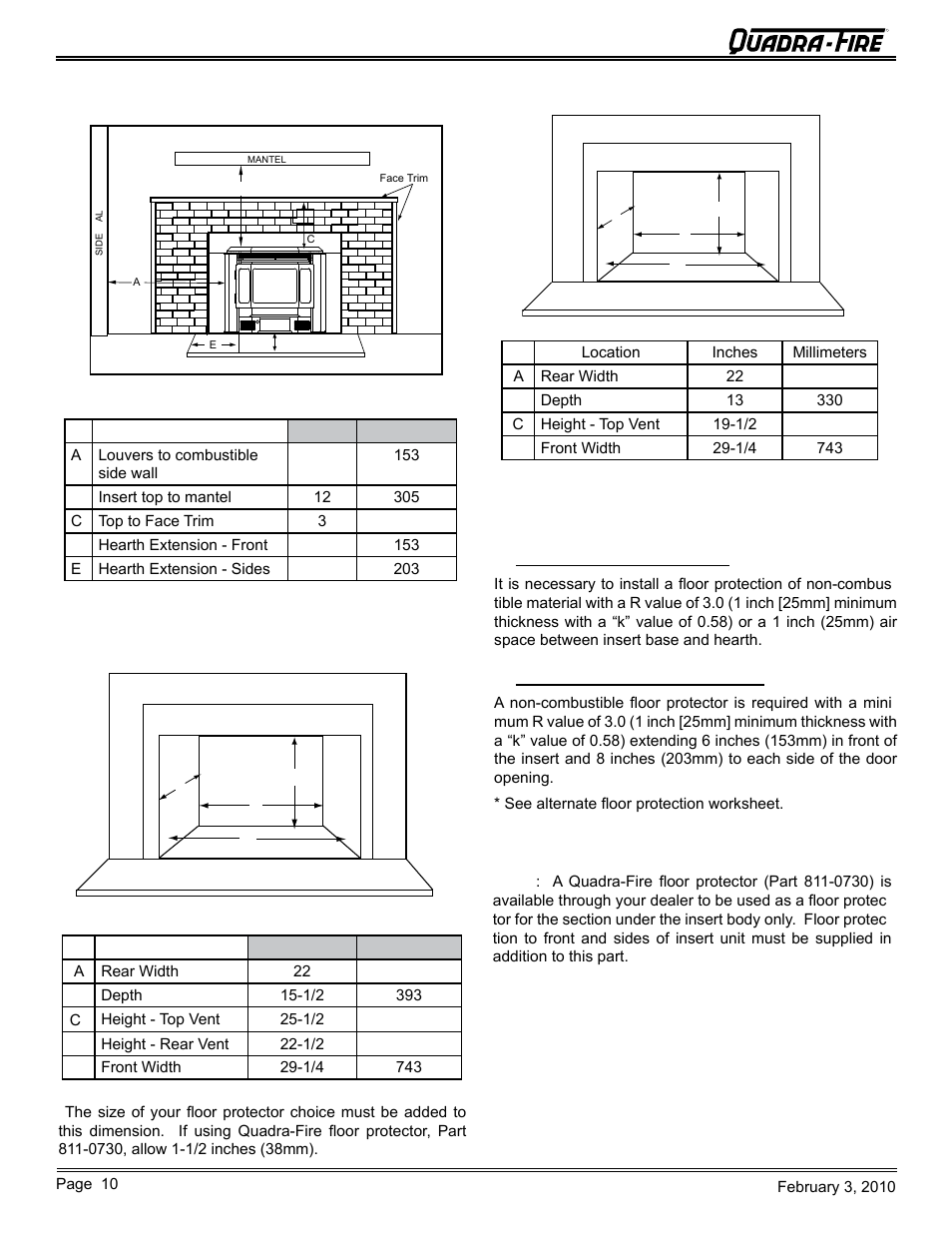 Cb1200-i pellet insert, F. floor protection, E. masonry minimum opening | Quadra-Fire PELLET INSERT CB1200MI-MBK User Manual | Page 10 / 52