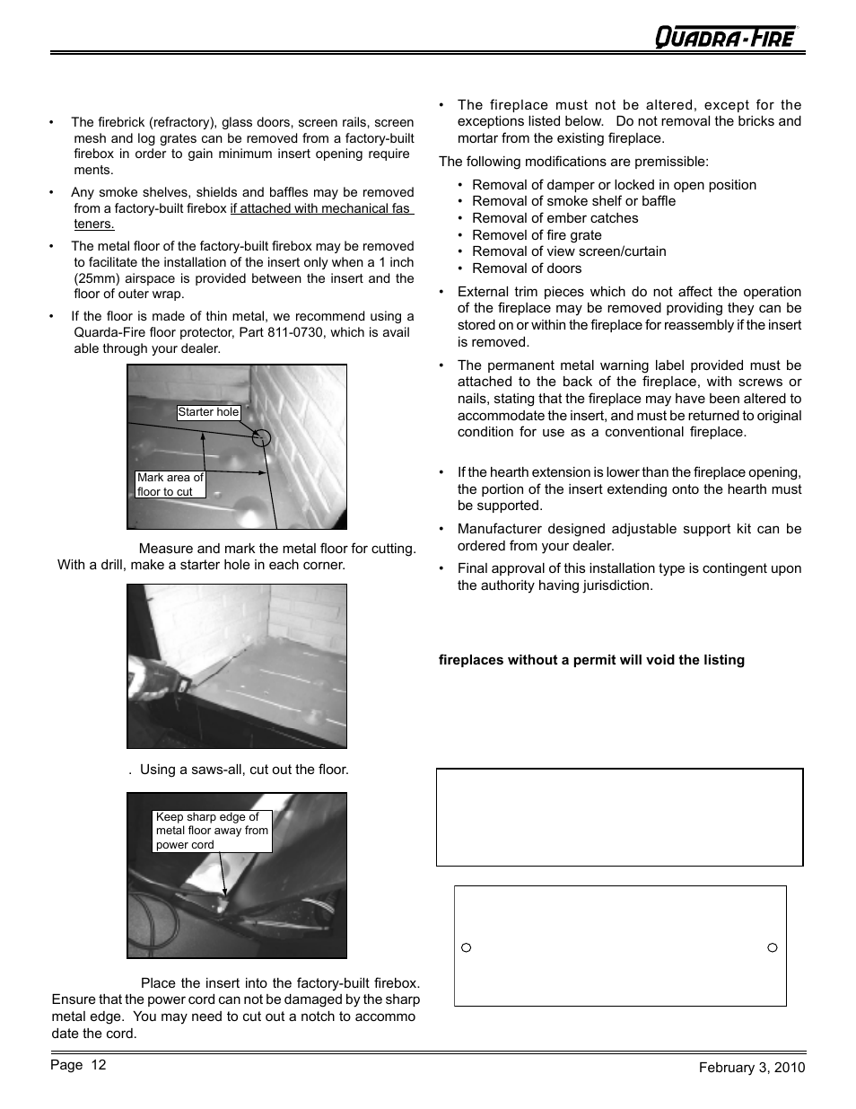 Warning, Cb1200-i pellet insert, I. removing metal floor of factory-built firebox | J. altering the factory-built fireplace | Quadra-Fire PELLET INSERT CB1200MI-MBK User Manual | Page 12 / 52