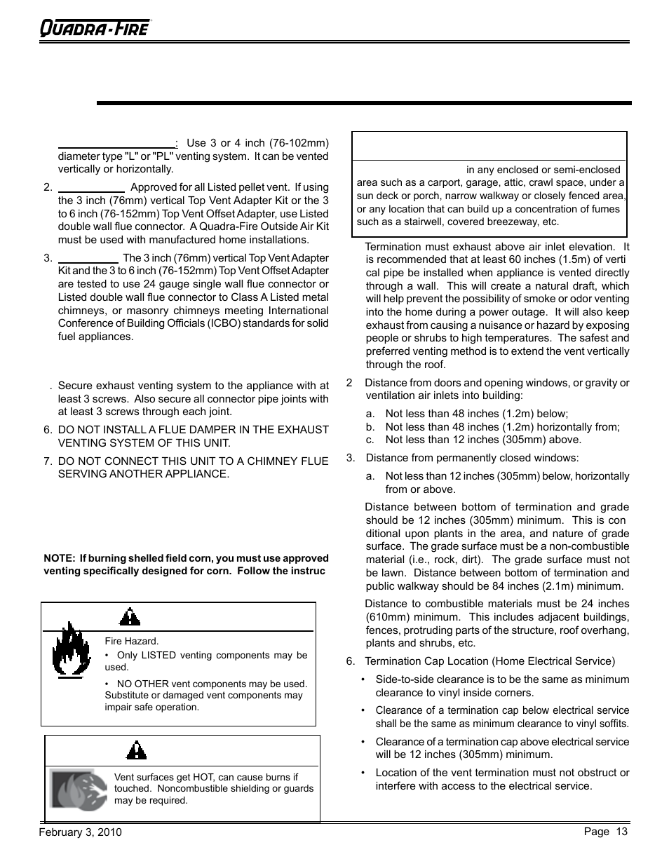Caution, Vent information, Warning | Quadra-Fire PELLET INSERT CB1200MI-MBK User Manual | Page 13 / 52