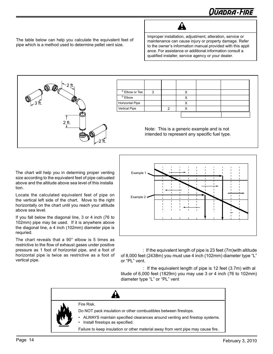 Warning, Cb1200-i pellet insert, D. pipe selection chart | C. equivalent feet of pipe | Quadra-Fire PELLET INSERT CB1200MI-MBK User Manual | Page 14 / 52