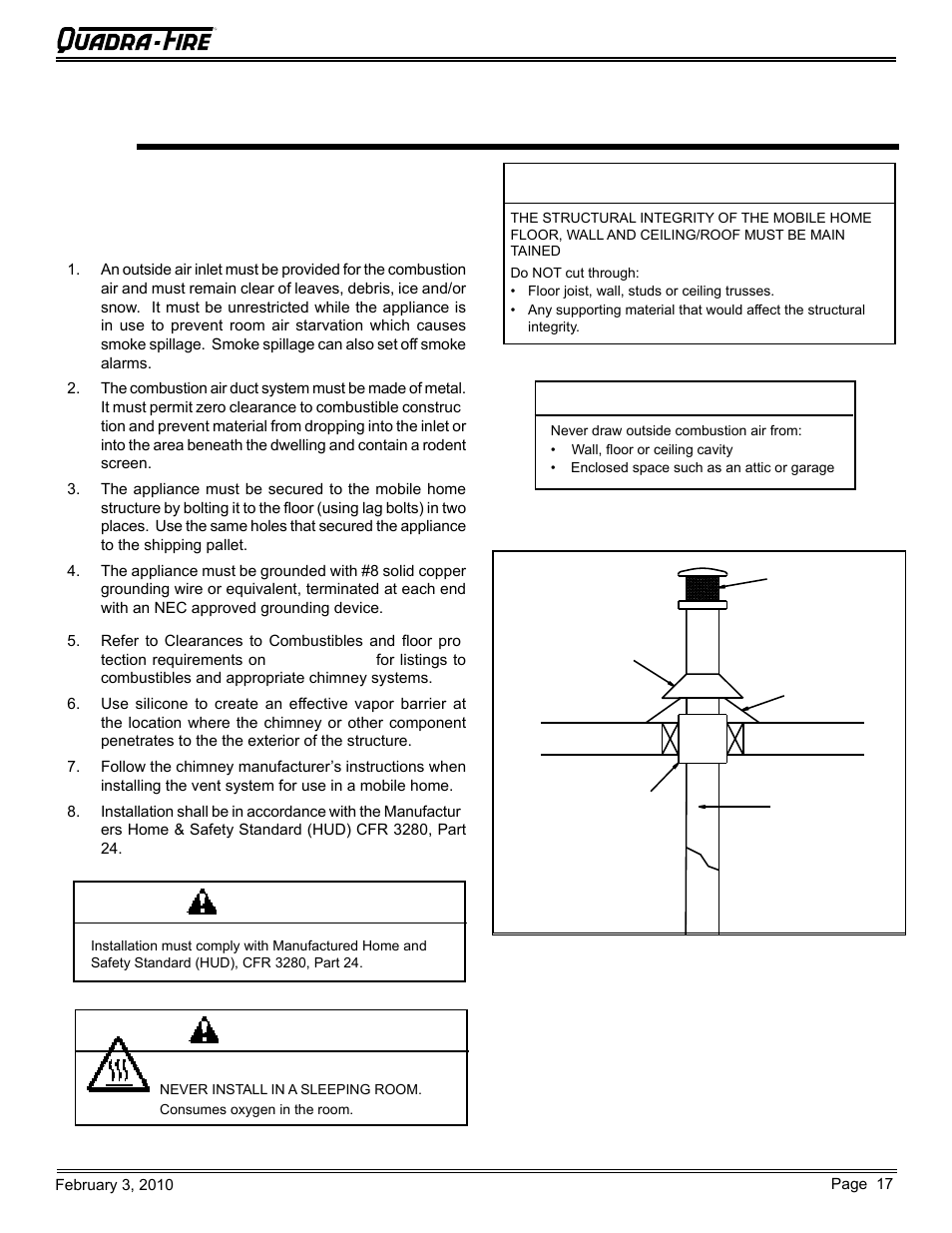 Mobile home, Warning, Caution | Quadra-Fire PELLET INSERT CB1200MI-MBK User Manual | Page 17 / 52