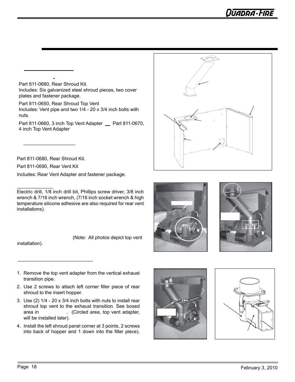 Appliance set-up, Cb1200-i pellet insert, A. rear shroud installation | Quadra-Fire PELLET INSERT CB1200MI-MBK User Manual | Page 18 / 52