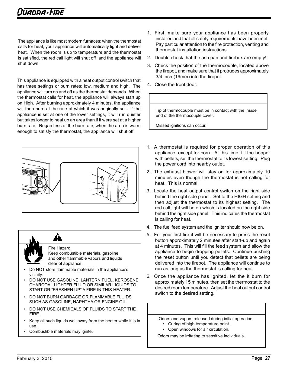 Caution, Warning, Cb1200-i pellet insert c. before your first fire | D. starting your first fire, B. general operating information | Quadra-Fire PELLET INSERT CB1200MI-MBK User Manual | Page 27 / 52