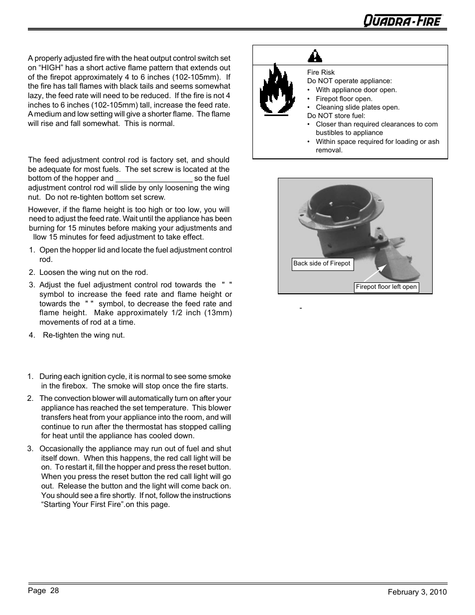 Warning, Cb1200-i pellet insert, E. fire characteristics | F. feed rate adjustment instructions, G. ignition cycles | Quadra-Fire PELLET INSERT CB1200MI-MBK User Manual | Page 28 / 52