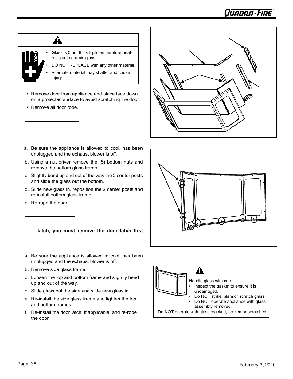 Warning, E. glass replacement | Quadra-Fire PELLET INSERT CB1200MI-MBK User Manual | Page 38 / 52