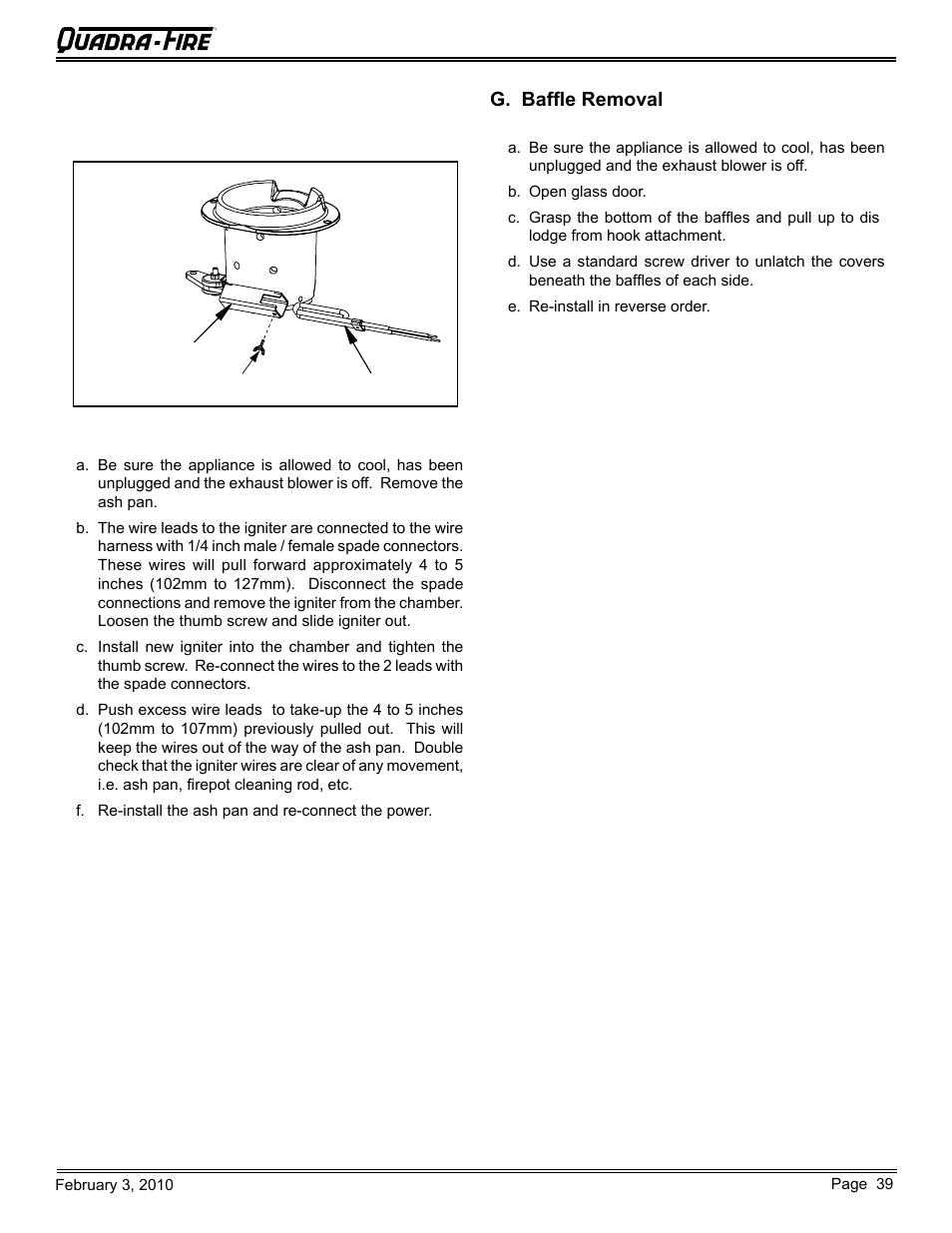 G. baffle removal, F. igniter replacement, Cb1200-i pellet insert | Quadra-Fire PELLET INSERT CB1200MI-MBK User Manual | Page 39 / 52