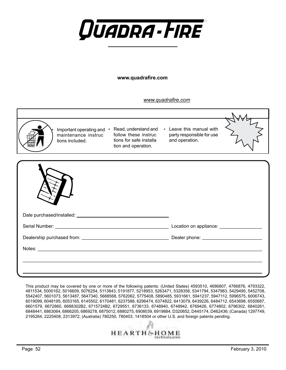 Quadra-Fire PELLET INSERT CB1200MI-MBK User Manual | Page 52 / 52