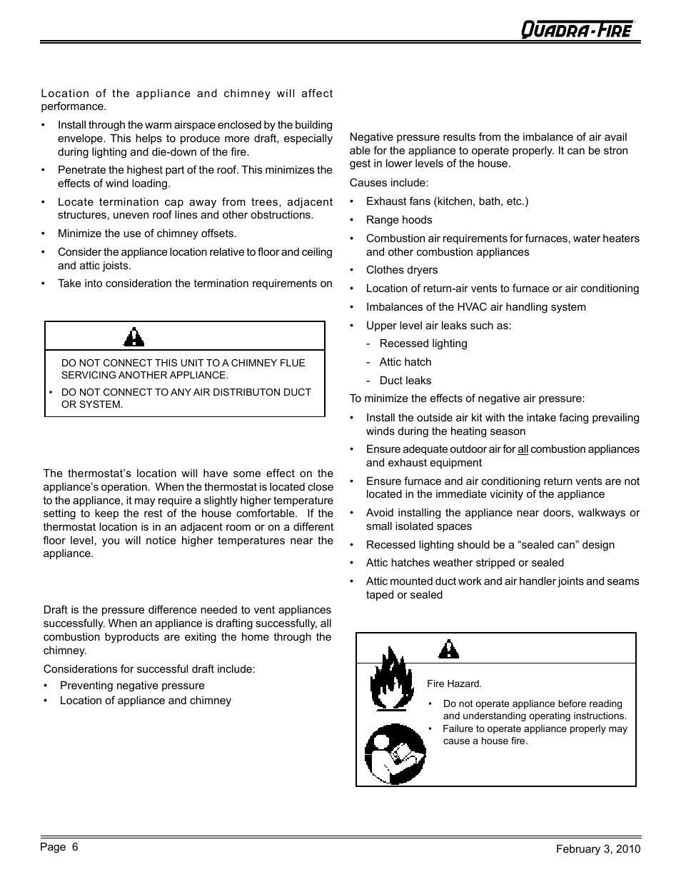 Caution, Warning | Quadra-Fire PELLET INSERT CB1200MI-MBK User Manual | Page 6 / 52