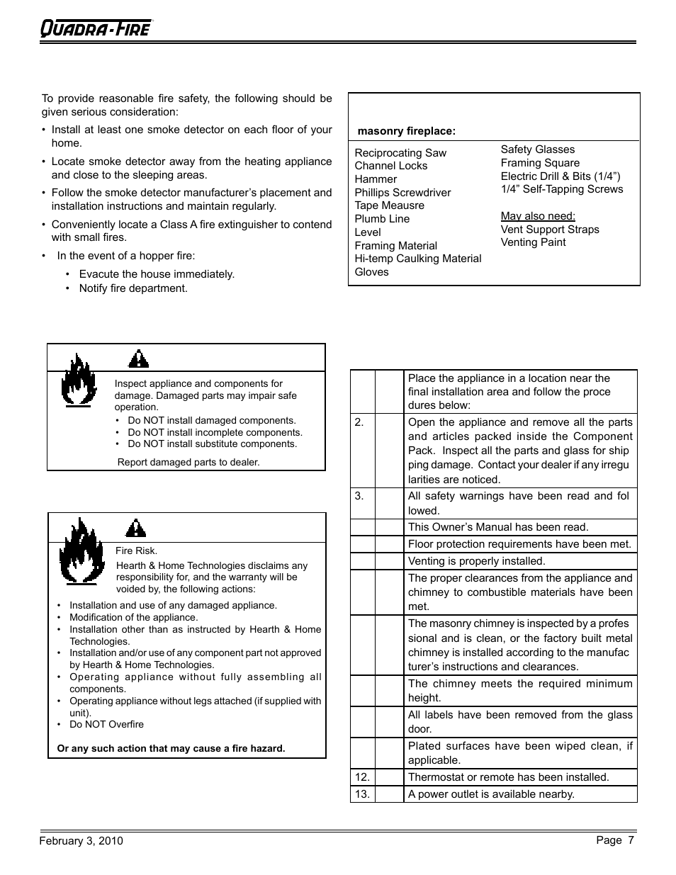 Warning | Quadra-Fire PELLET INSERT CB1200MI-MBK User Manual | Page 7 / 52