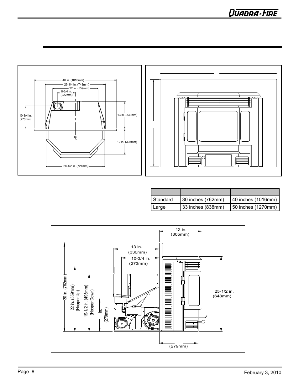 Dimensions and clearances, Cb1200-i pellet insert, A. appliance dimensions | Quadra-Fire PELLET INSERT CB1200MI-MBK User Manual | Page 8 / 52