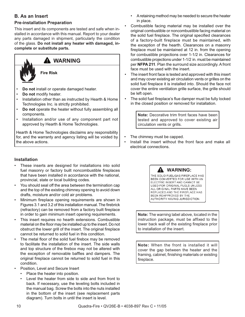 Warning | Quadra-Fire QV26E-B User Manual | Page 10 / 26