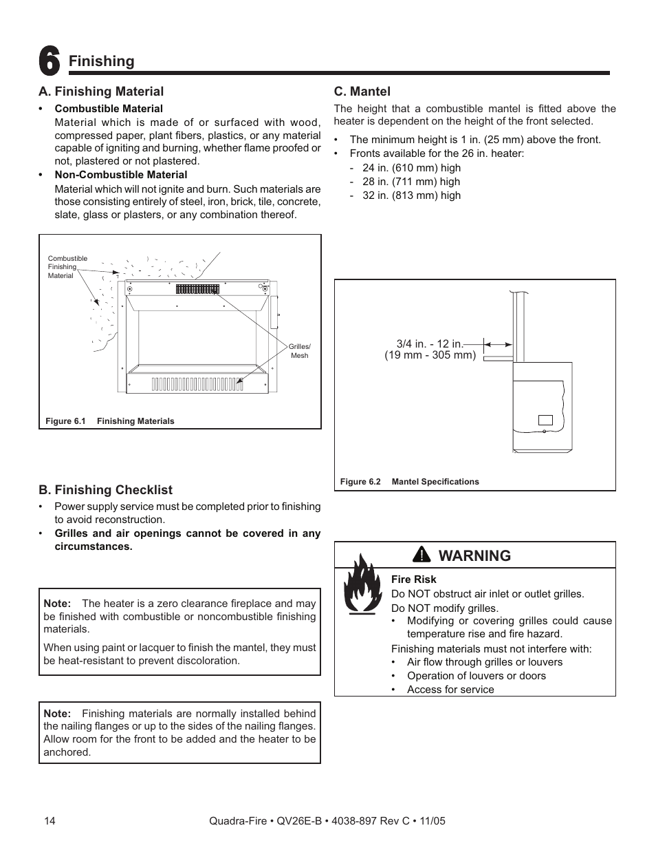 Finishing, Warning | Quadra-Fire QV26E-B User Manual | Page 14 / 26