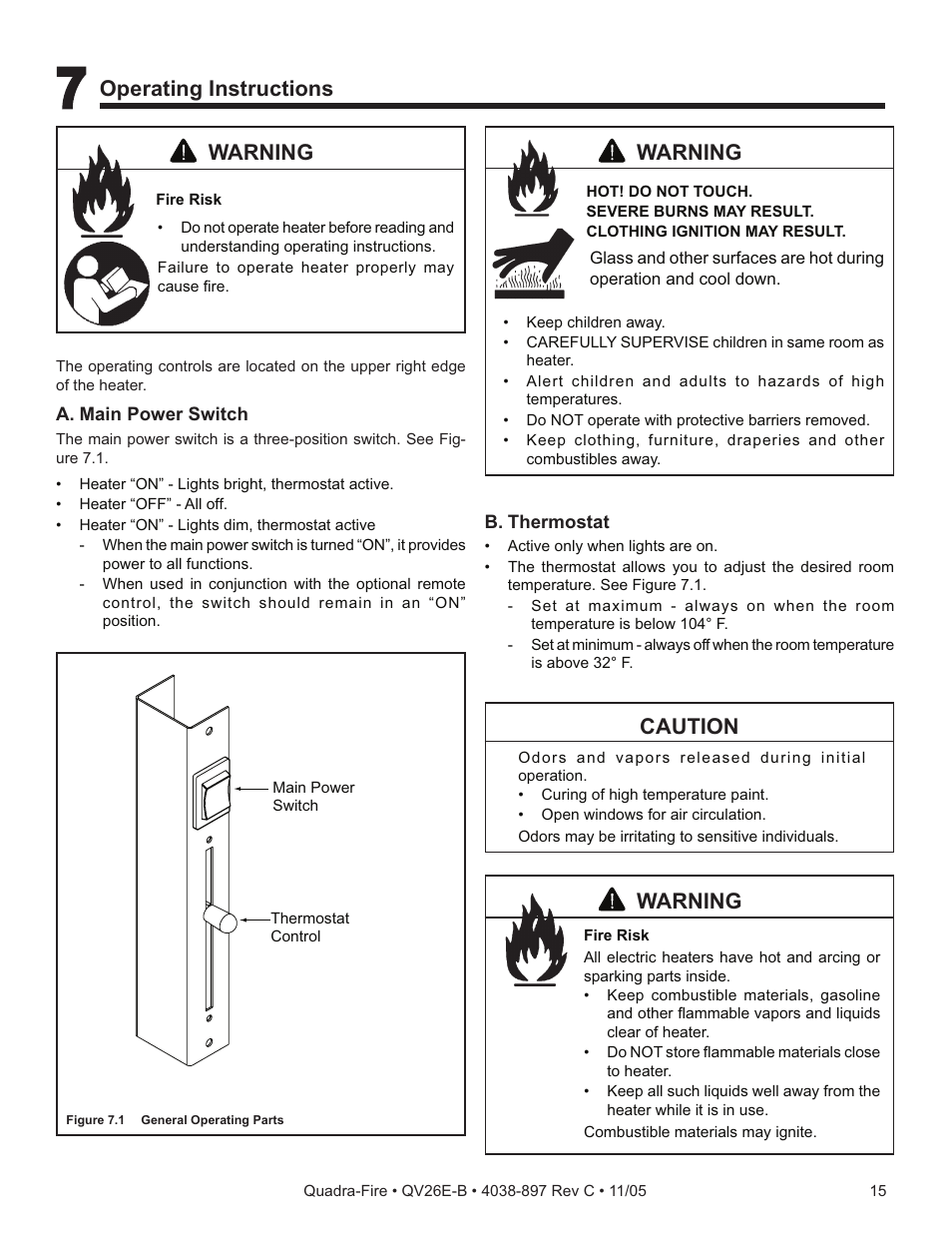 Warning, Operating instructions, Caution | Quadra-Fire QV26E-B User Manual | Page 15 / 26