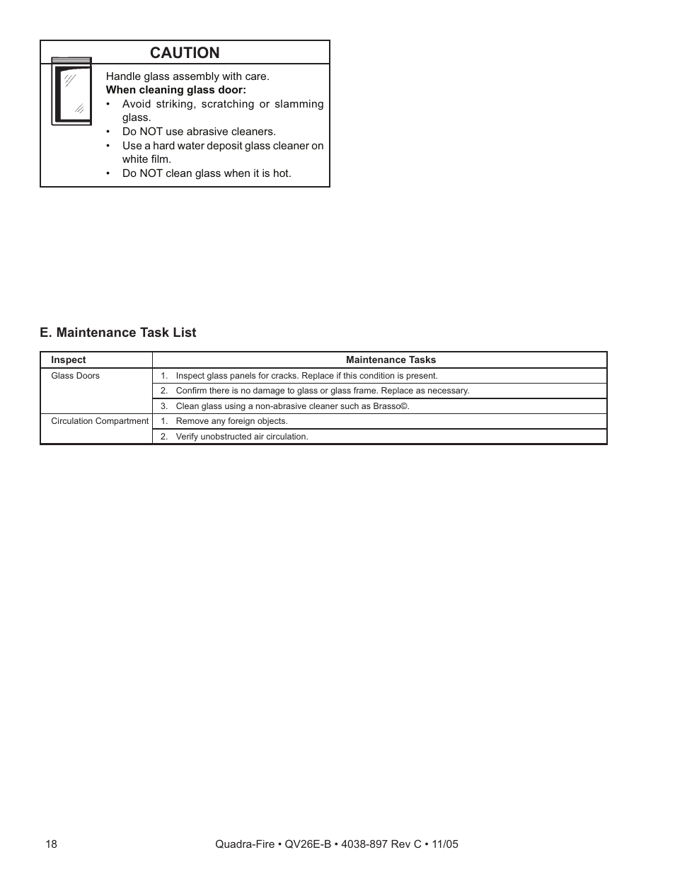 Caution, E. maintenance task list | Quadra-Fire QV26E-B User Manual | Page 18 / 26