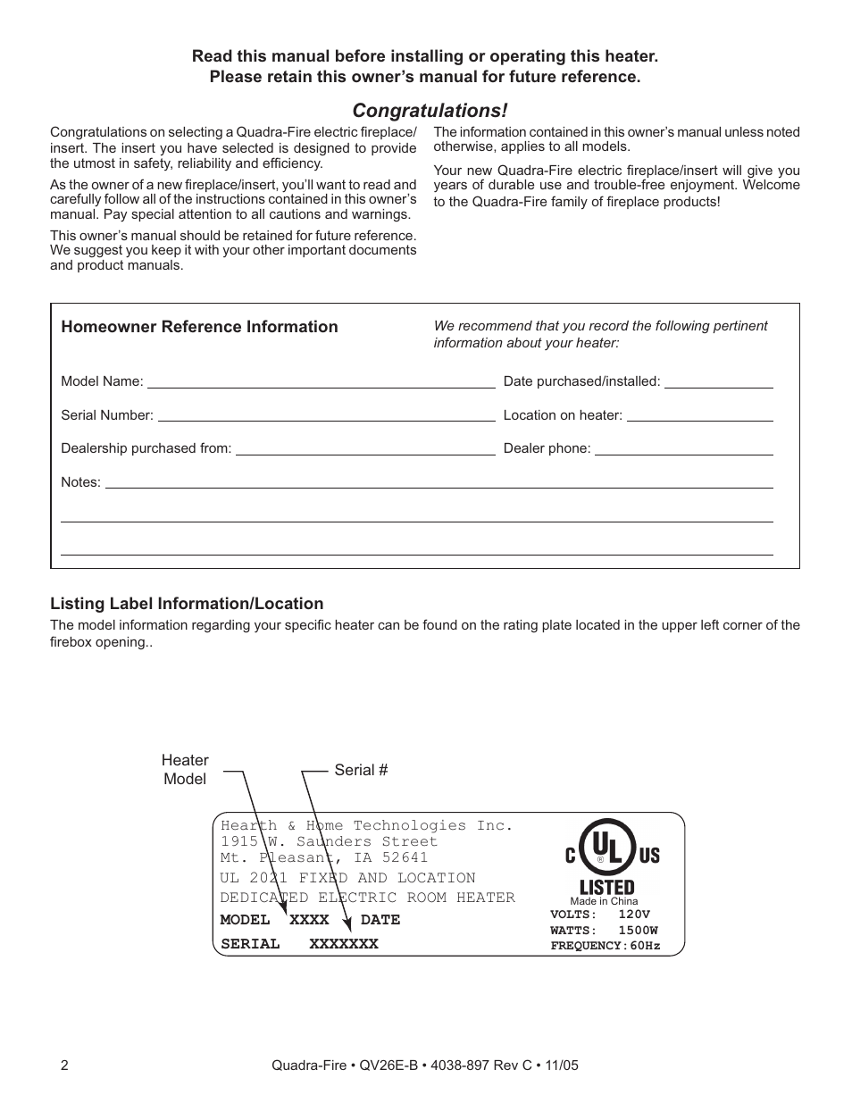 Quadra-Fire QV26E-B User Manual | Page 2 / 26