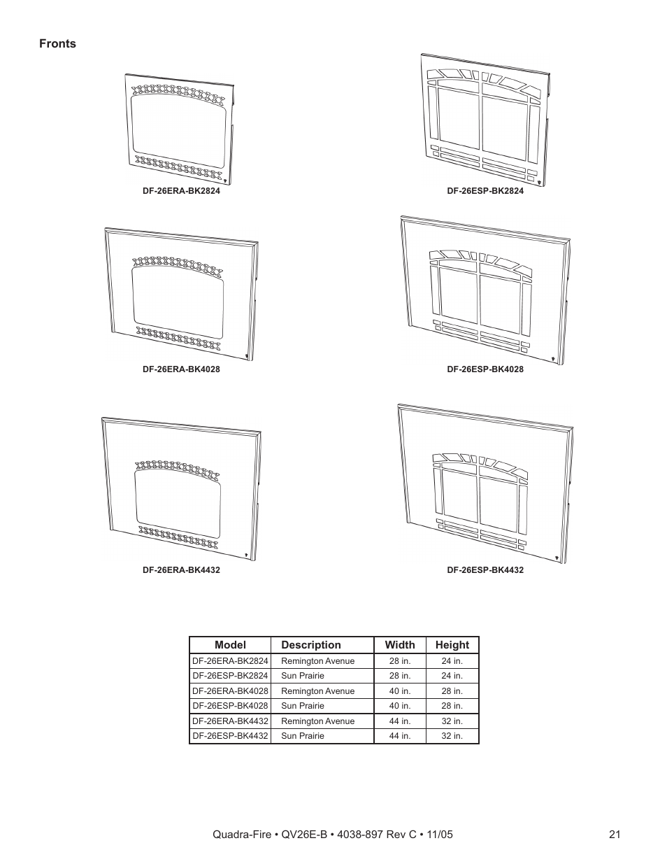 Fronts | Quadra-Fire QV26E-B User Manual | Page 21 / 26