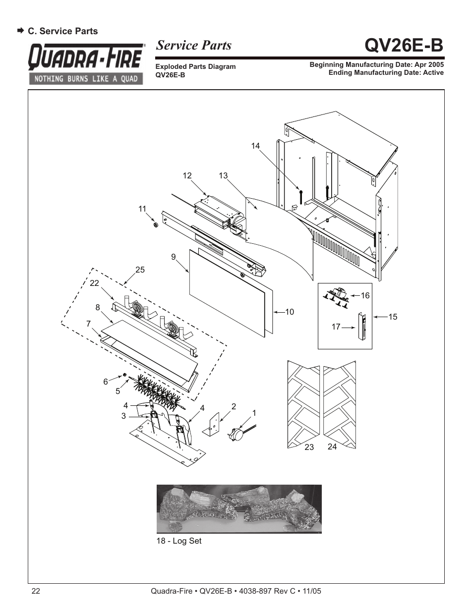 Qv26e-b, Service parts | Quadra-Fire QV26E-B User Manual | Page 22 / 26