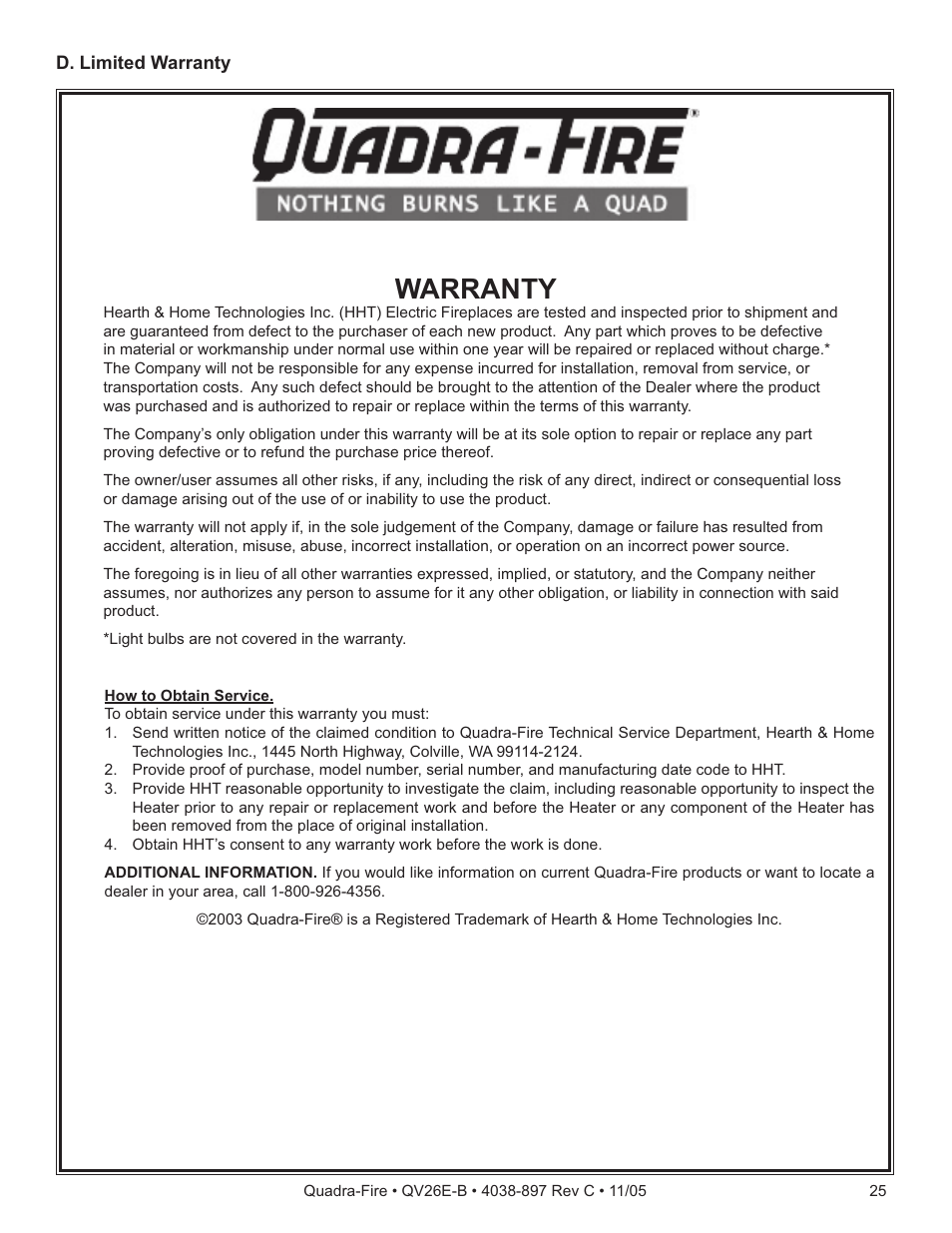 Warranty | Quadra-Fire QV26E-B User Manual | Page 25 / 26