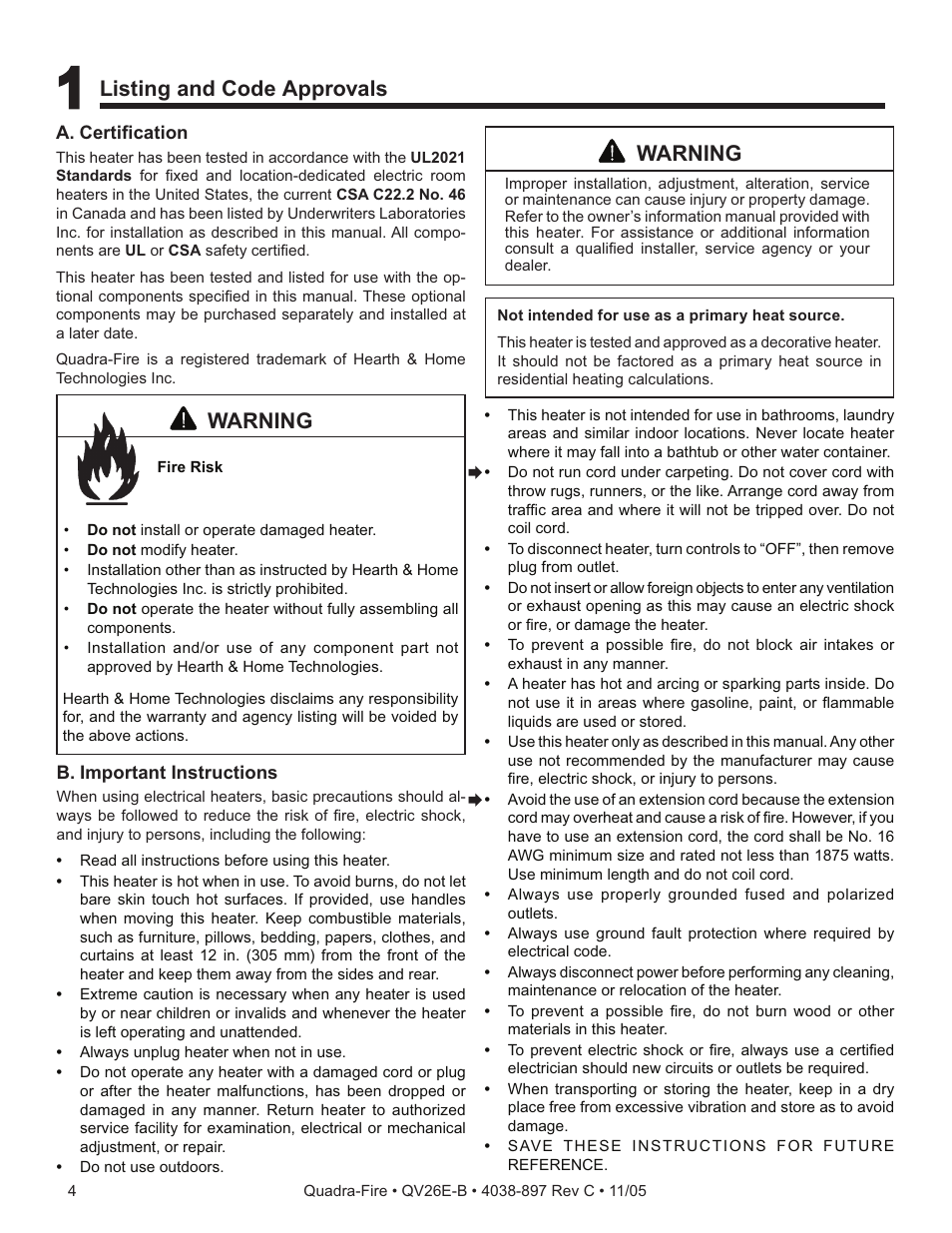 Listing and code approvals, Warning | Quadra-Fire QV26E-B User Manual | Page 4 / 26