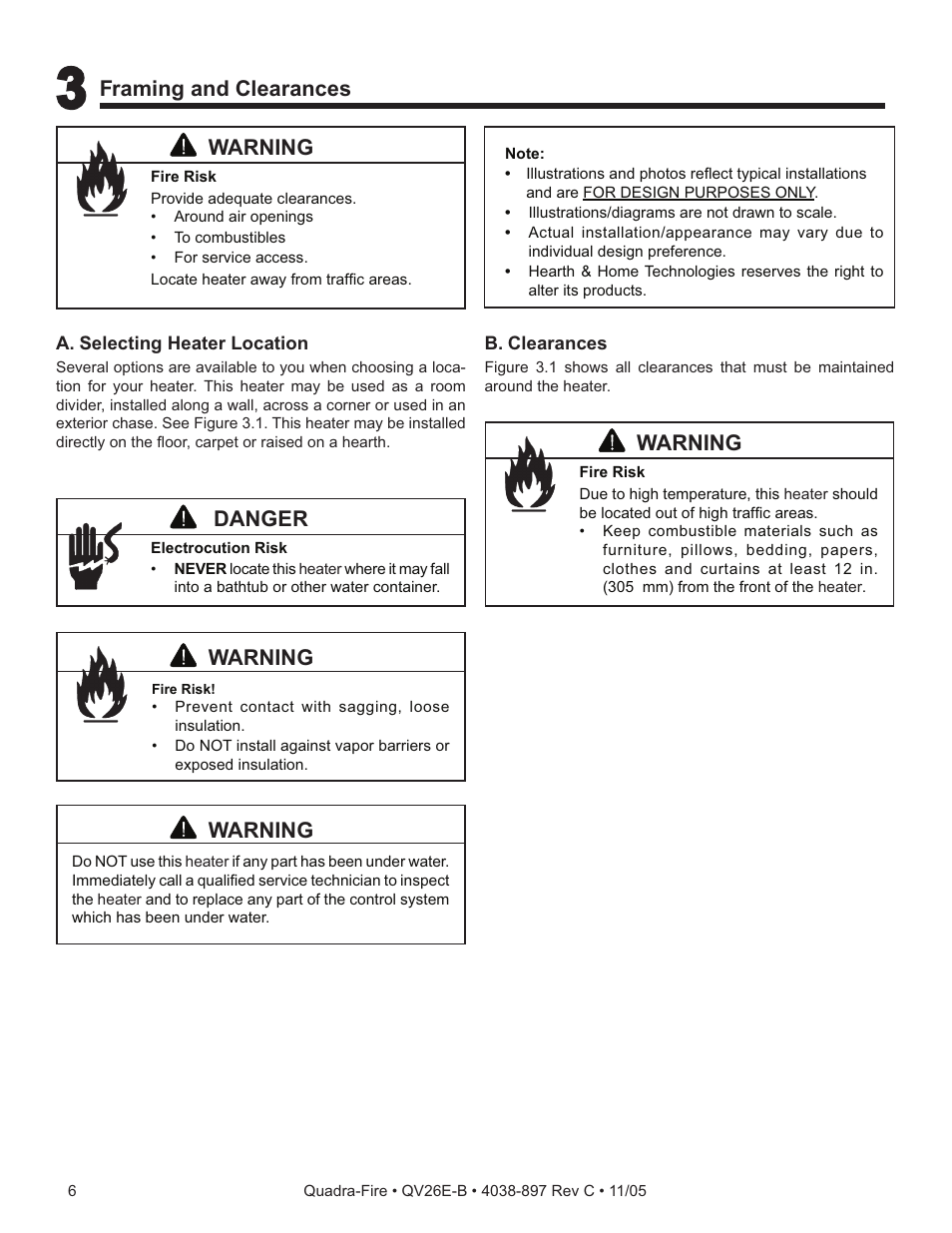 Framing and clearances, Warning, Danger | Quadra-Fire QV26E-B User Manual | Page 6 / 26